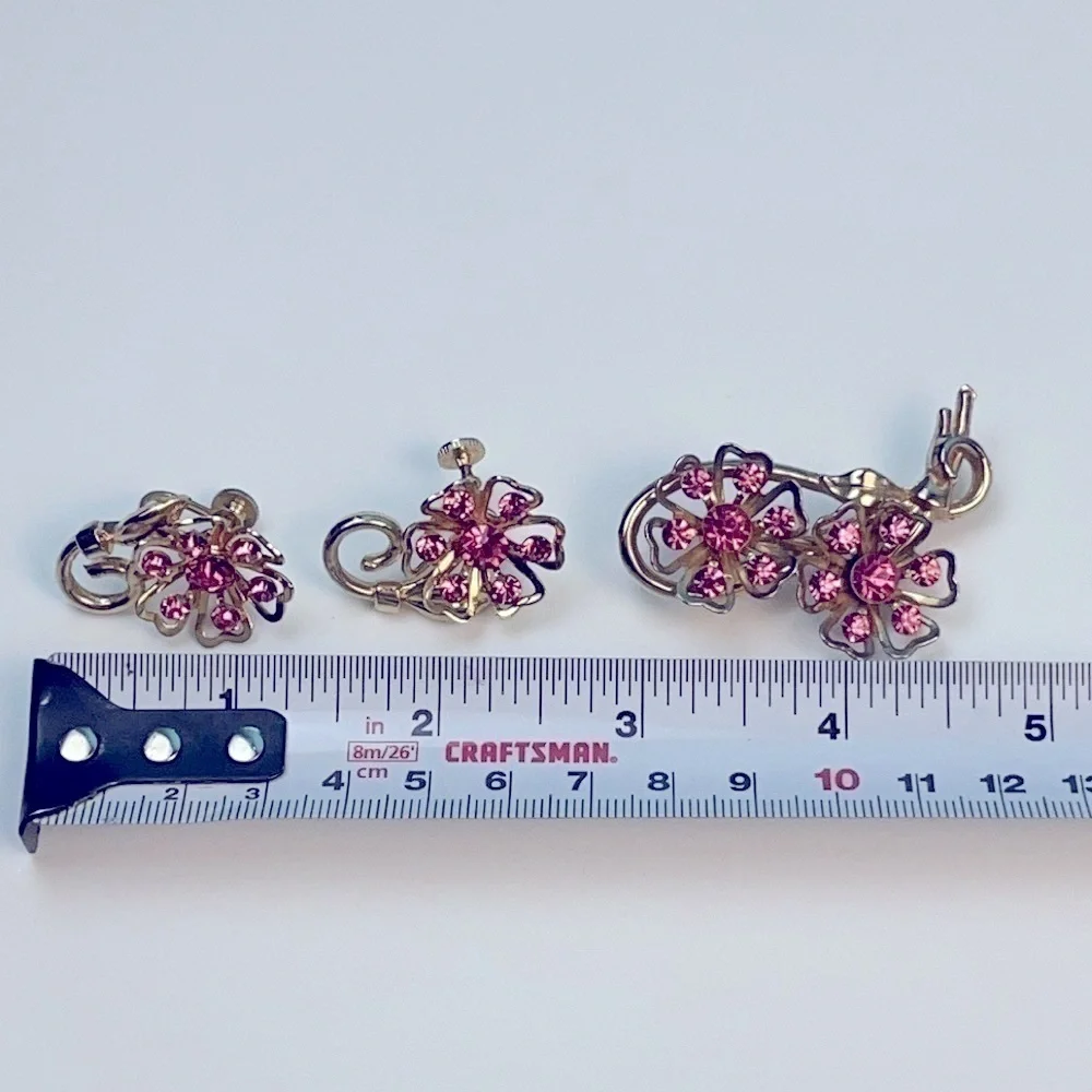 Vintage CORO 1950s Pink Rhinestone Floral Demi-Parure Brooch Earrings Set